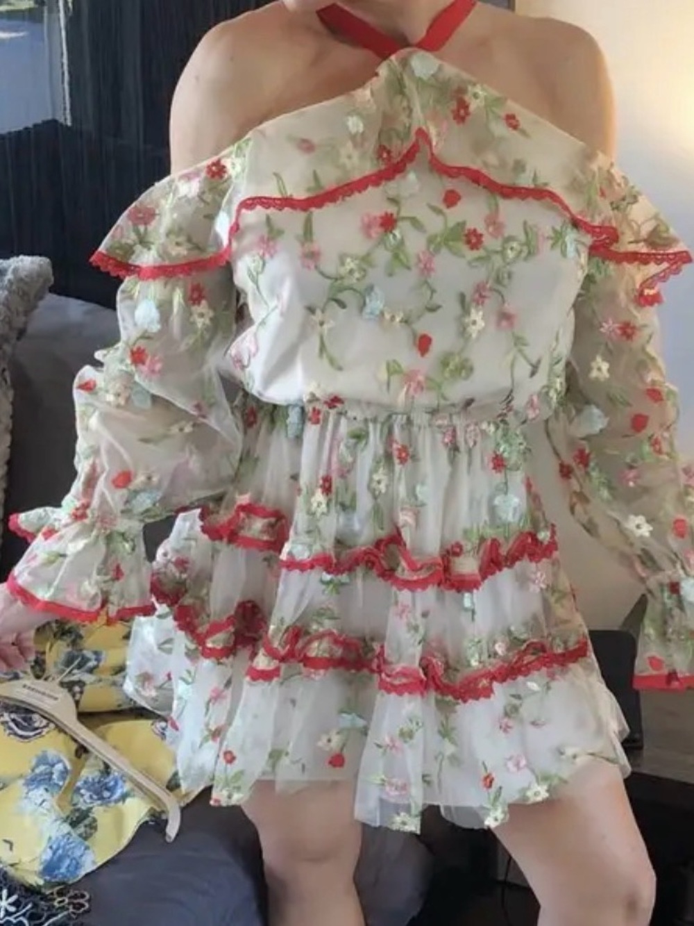 Alexie- Floral Embroidered Tiered Ruffle Dress with Red Trim size large